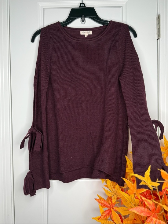 Ultra Flirt Sweaters - Ultra Flirt Burgundy Knit Sweater with Tie Sleeve Detail